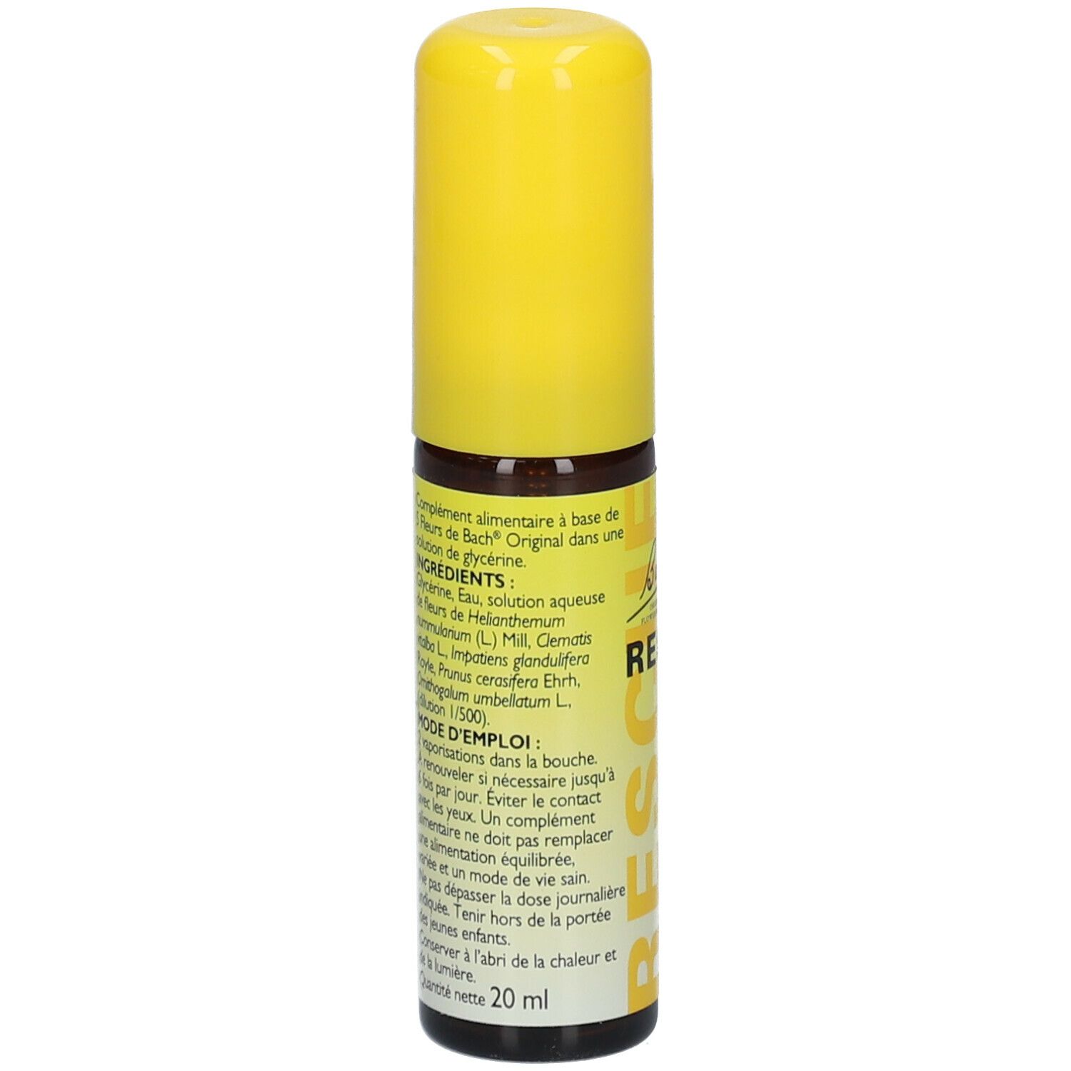 Dos du flacon spray jaune. Ingrédients, utilisation, avertissements. 20ml.