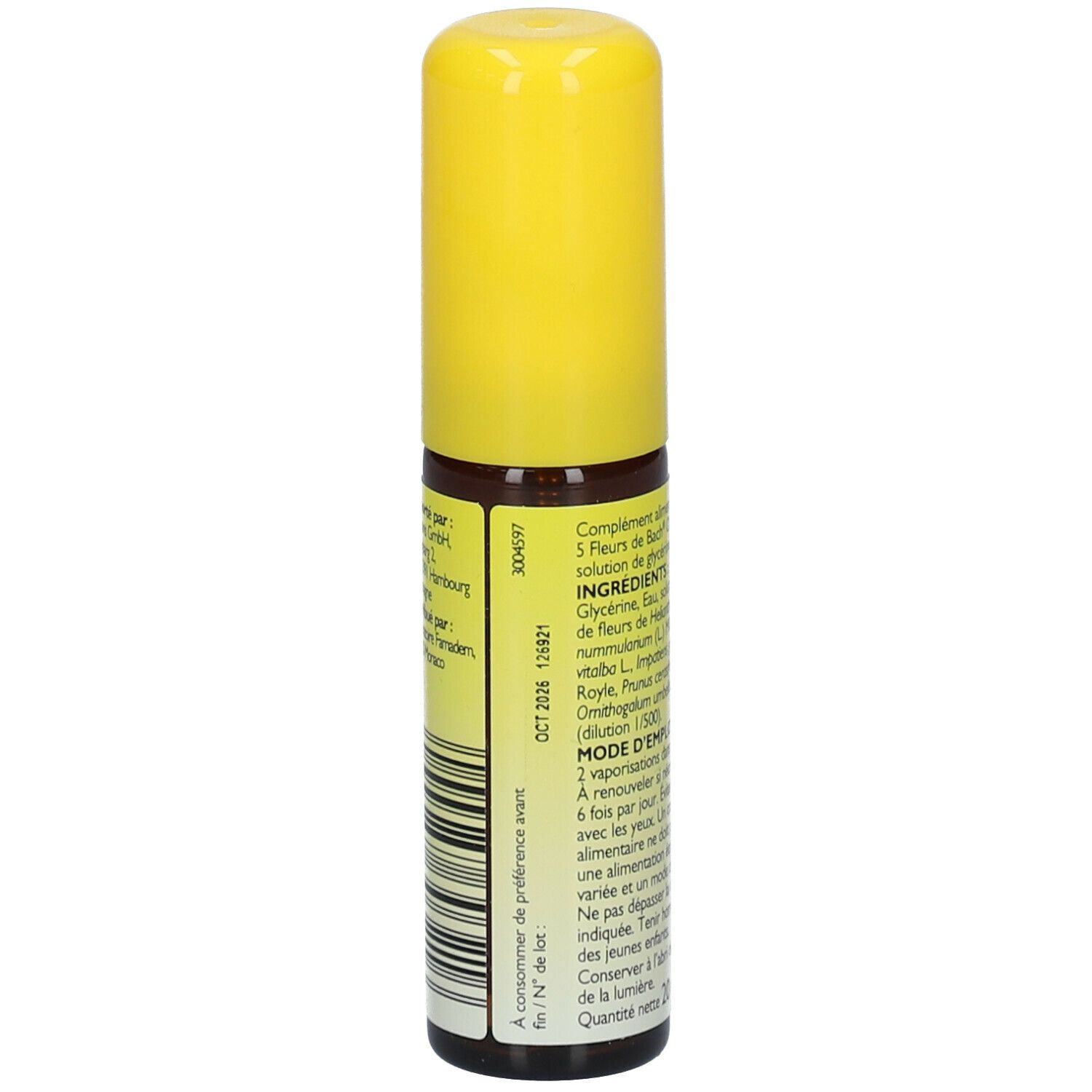 Dos du flacon spray jaune. Ingrédients, utilisation, avertissements. 20ml.