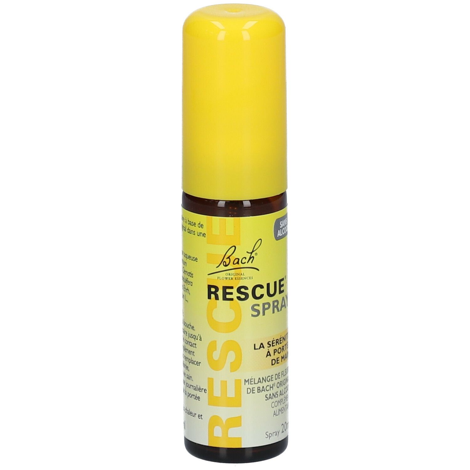 Flacon spray jaune avec étiquette "Bach Rescue Spray". Logo "Sans Alcool". 20ml.