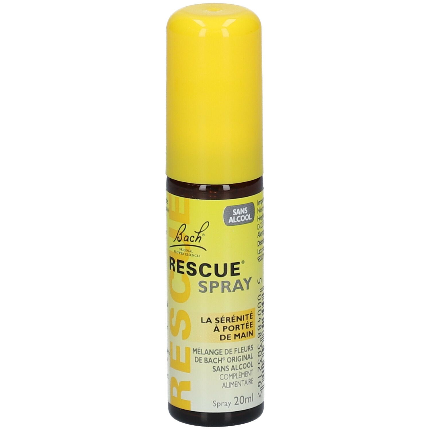 Flacon spray jaune avec étiquette "Bach Rescue Spray". Logo "Sans Alcool". 20ml.