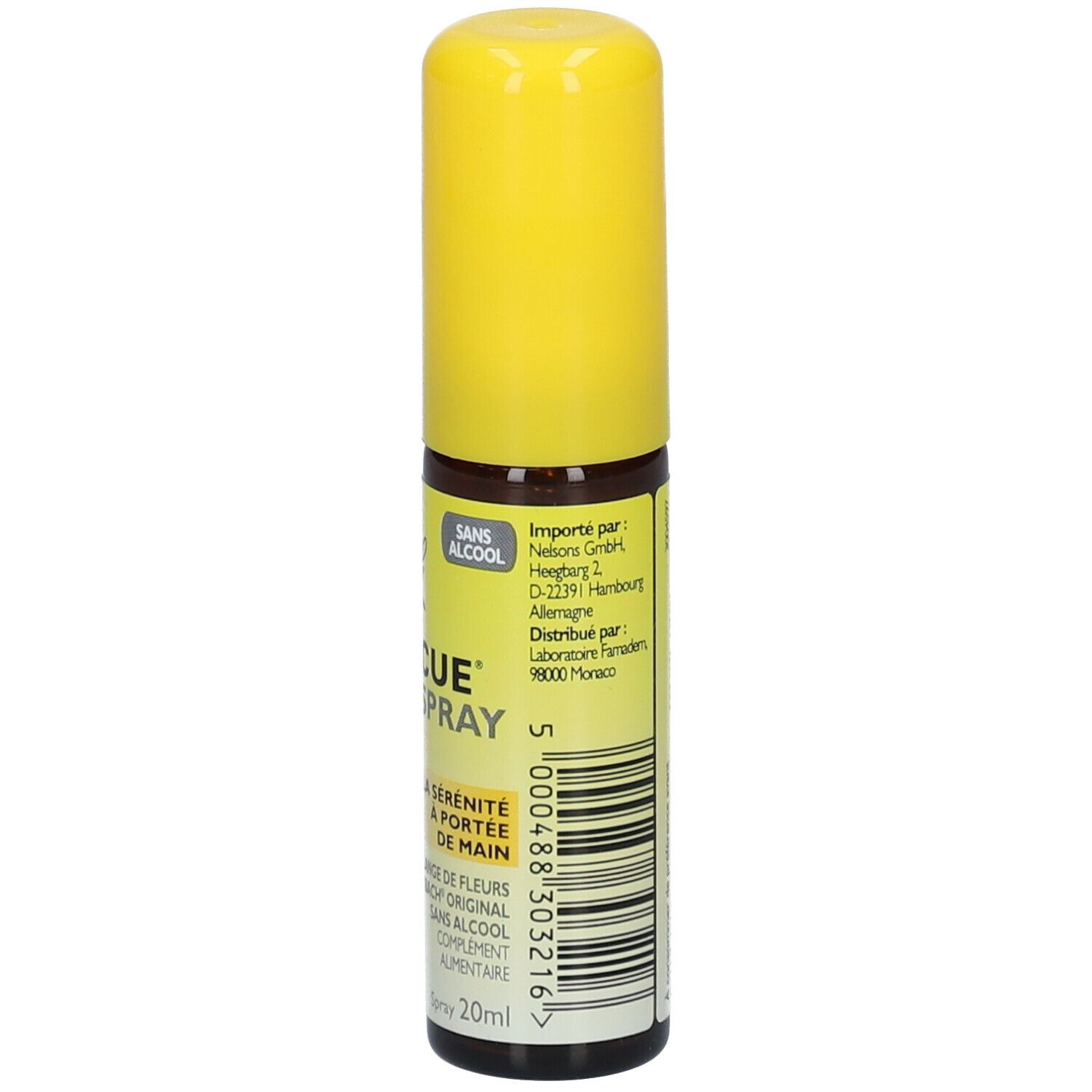 Dos du flacon spray jaune. Code-barres, informations importateur. 20ml.