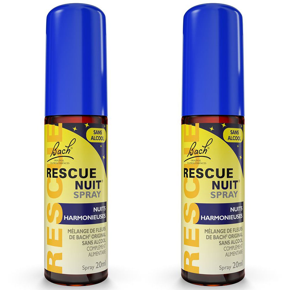 Deux flacons spray bleu et jaune. Inscription : Rescue Nuit Spray, sans alcool. 20ml.