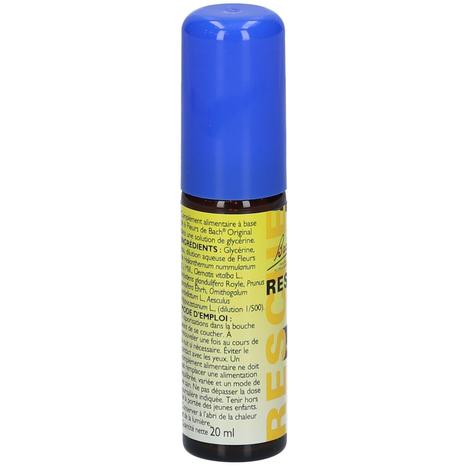 Flacon spray bleu et jaune. Inscription : Rescue Nuit Spray, sans alcool. 20ml. Dos.