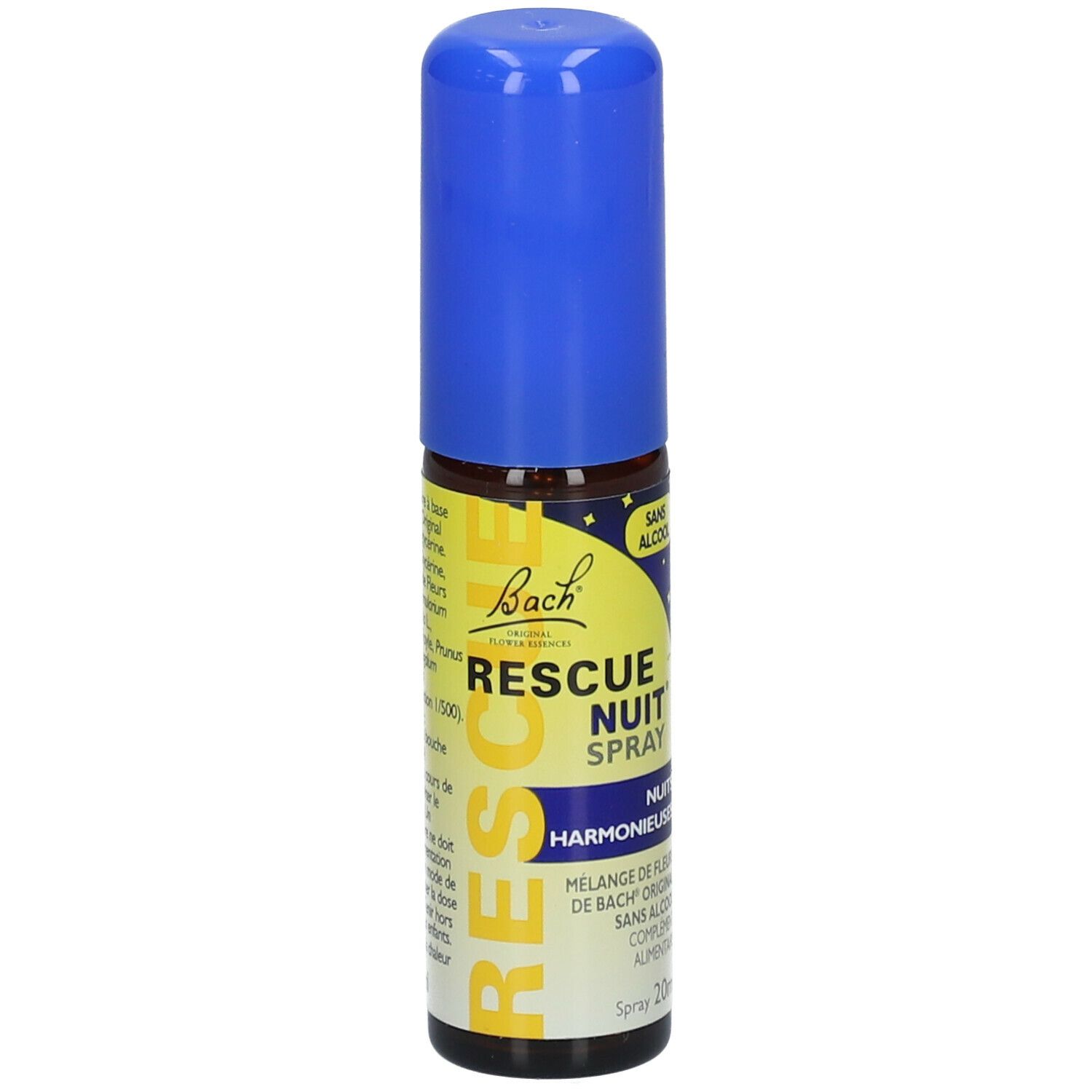 Flacon spray bleu et jaune. Inscription : Rescue Nuit Spray, sans alcool. 20ml.