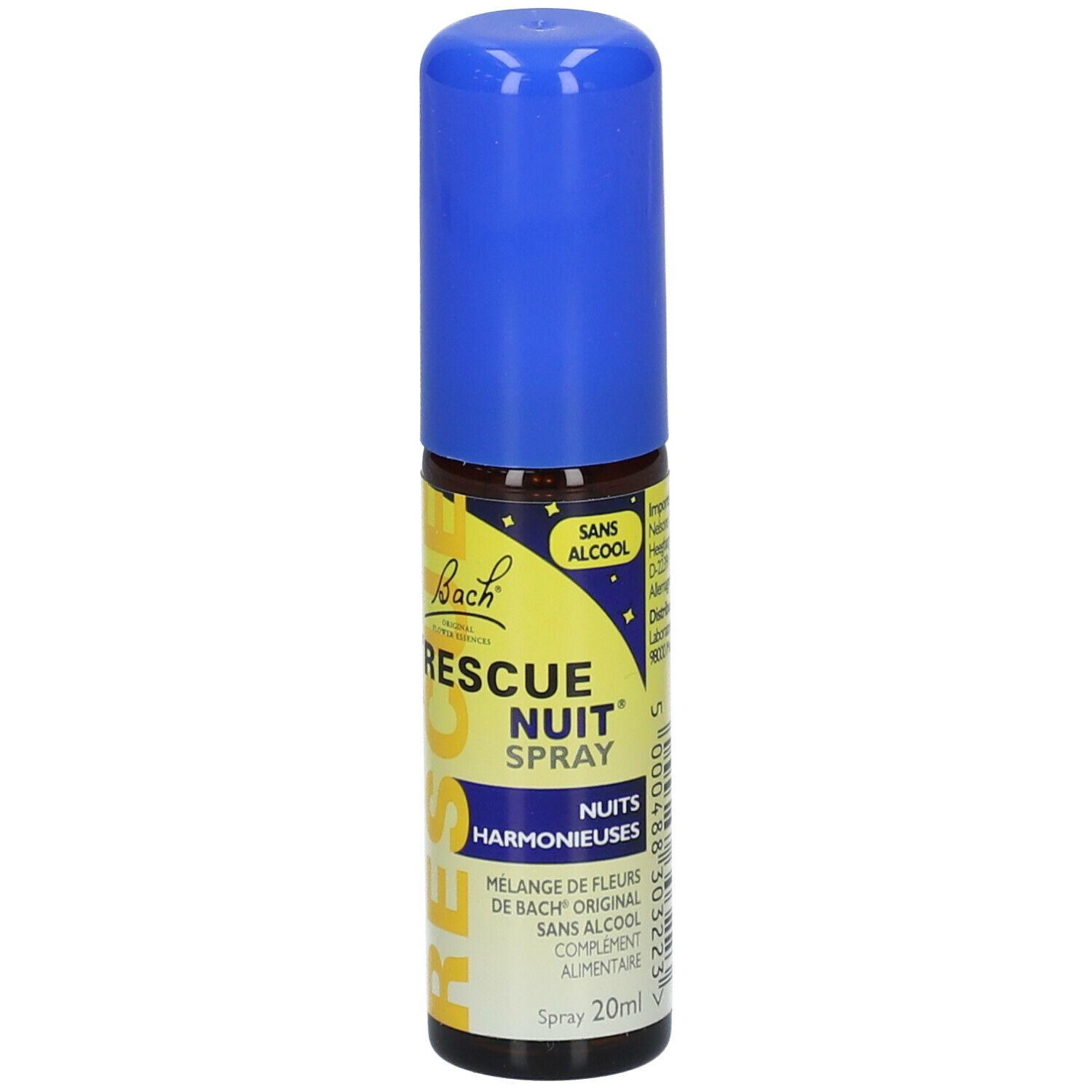 Flacon spray bleu et jaune. Inscription : Rescue Nuit Spray, sans alcool. 20ml. Dos.