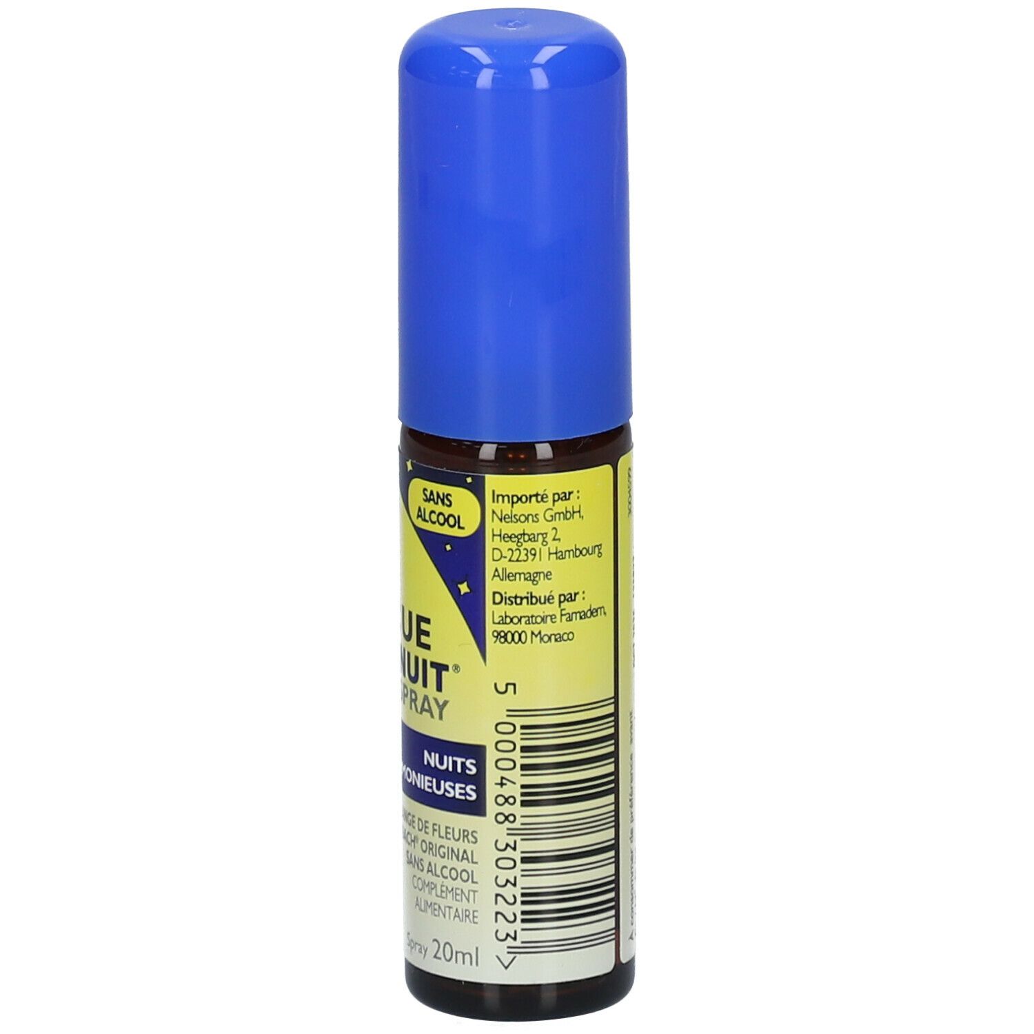 Flacon spray bleu et jaune. Inscription : Rescue Nuit Spray, sans alcool. 20ml. Dos.