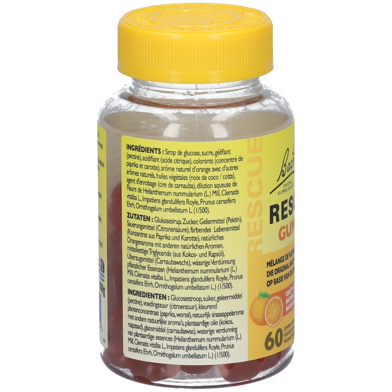 Dos du flacon de gummies Rescue Bach. Liste des ingrédients, informations nutritionnelles et autres informations.