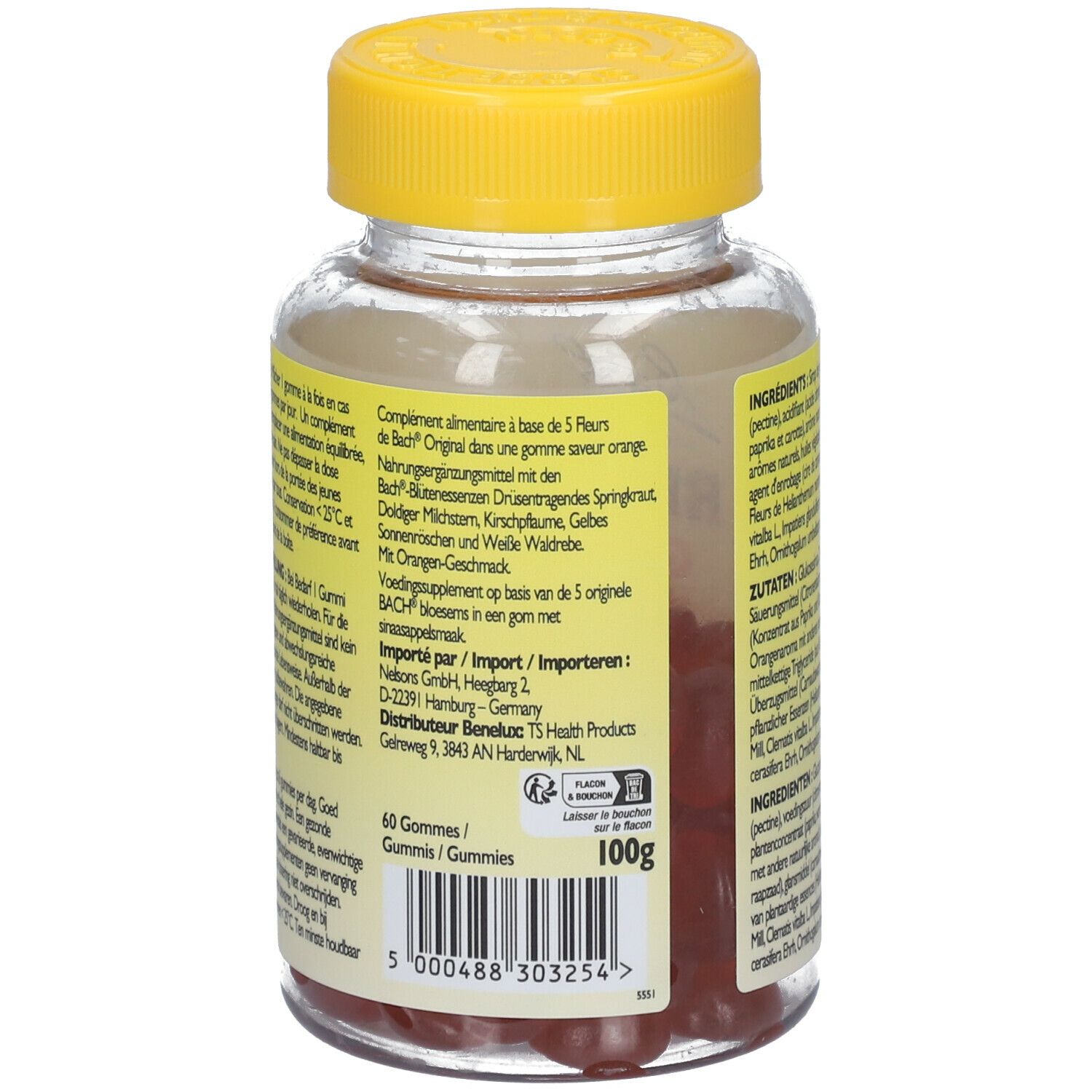 Dos du flacon de gummies Rescue Bach. Liste des ingrédients, informations nutritionnelles et autres informations.