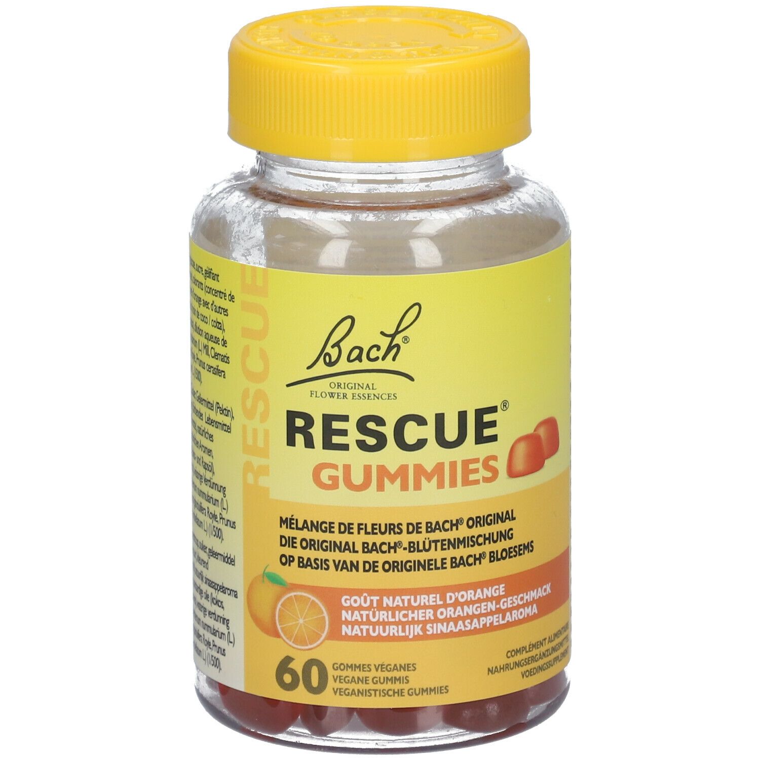 Flacon de gummies Rescue Bach. Bouchon jaune, étiquette jaune avec nom du produit et 60 gummies. Goût orange.