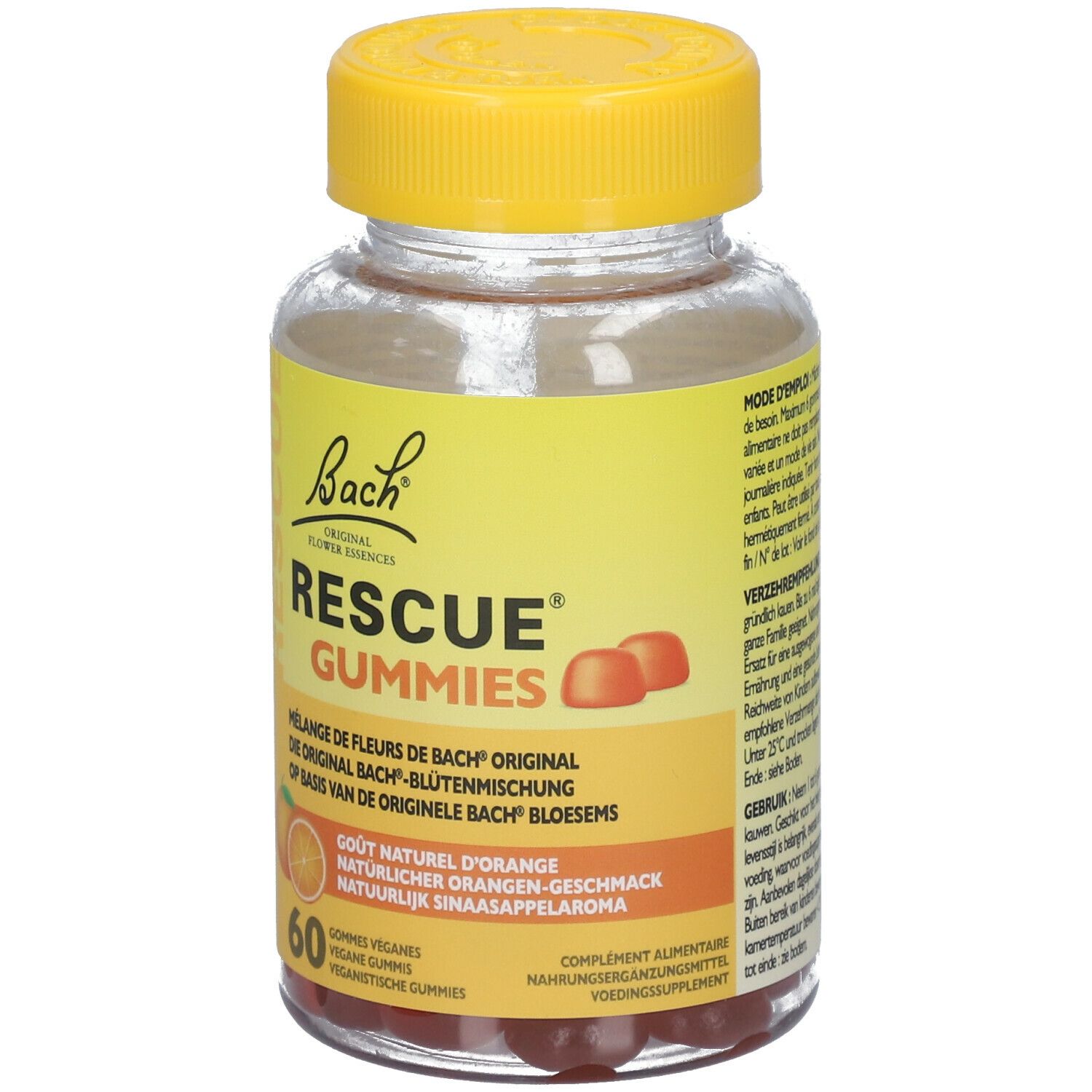 Dos du flacon de gummies Rescue Bach. Mode d'emploi, recommandation de consommation et autres informations.