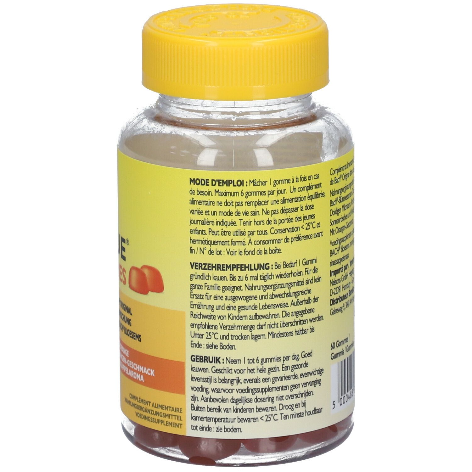Dos du flacon de gummies Rescue Bach. Mode d'emploi, recommandation de consommation et autres informations.