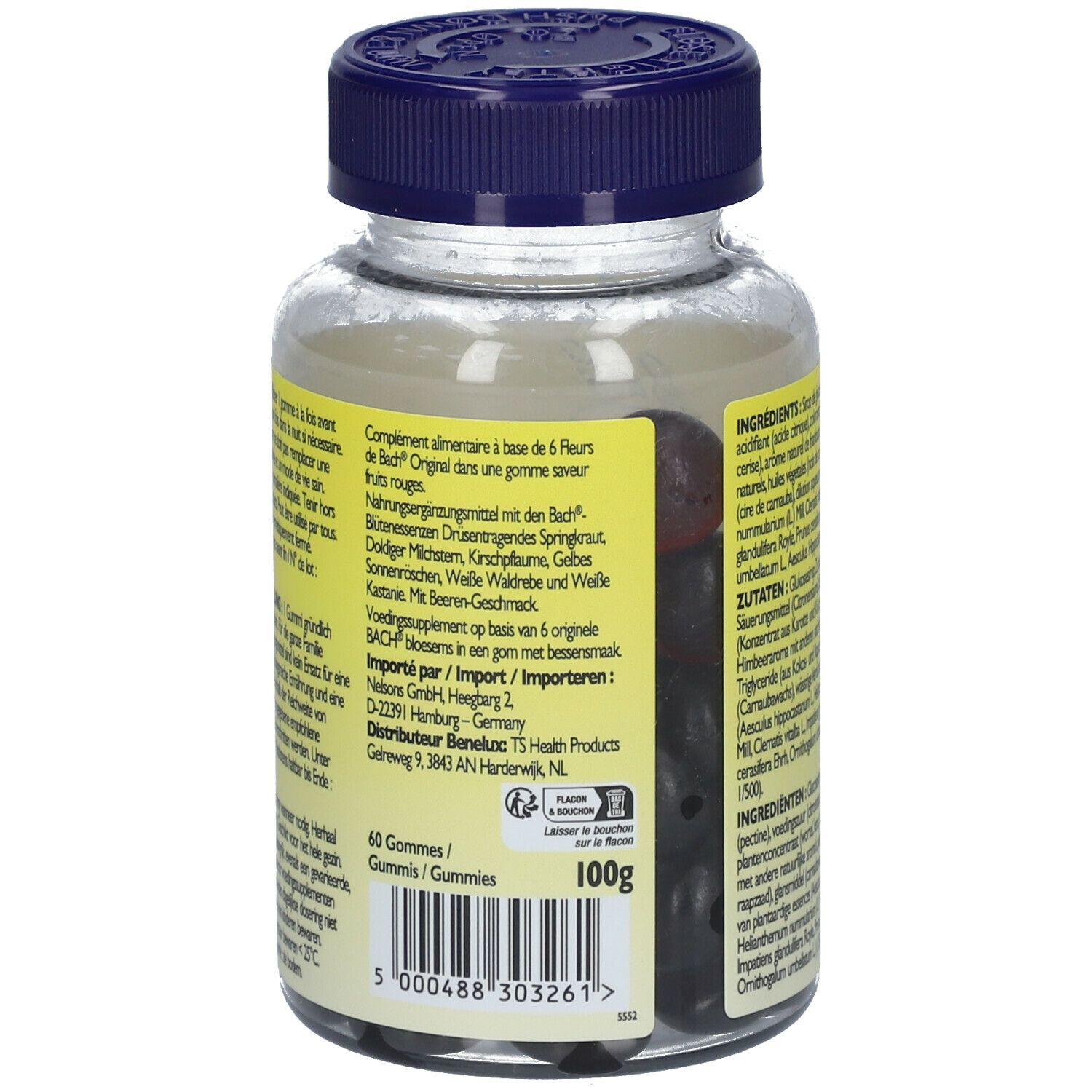 Dos du flacon. Texte : 60 gummies. Texte : 100g. Texte : Informations fabricant. Texte : A consommer de préférence avant.