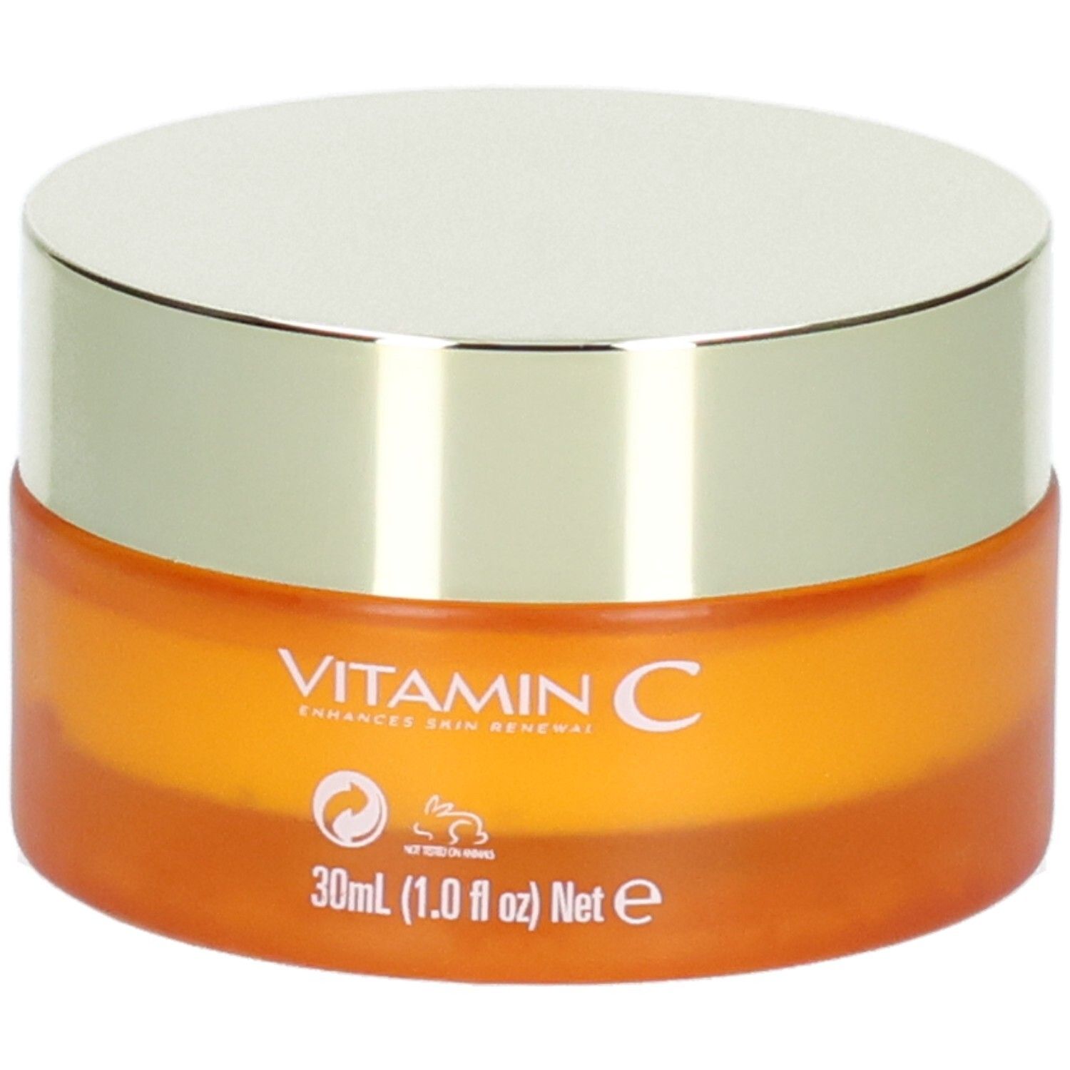 Pot orange avec couvercle argenté, inscription "VITAMIN C ENHANCES SKIN RENEWAL" et "30ml".