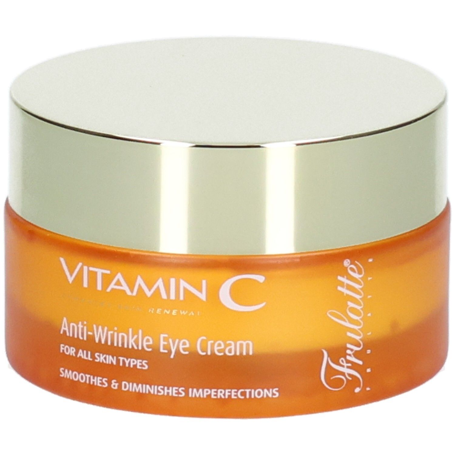 Pot orange avec couvercle argenté, inscription "VITAMIN C Anti-Wrinkle Eye Cream" et "Frulatte".