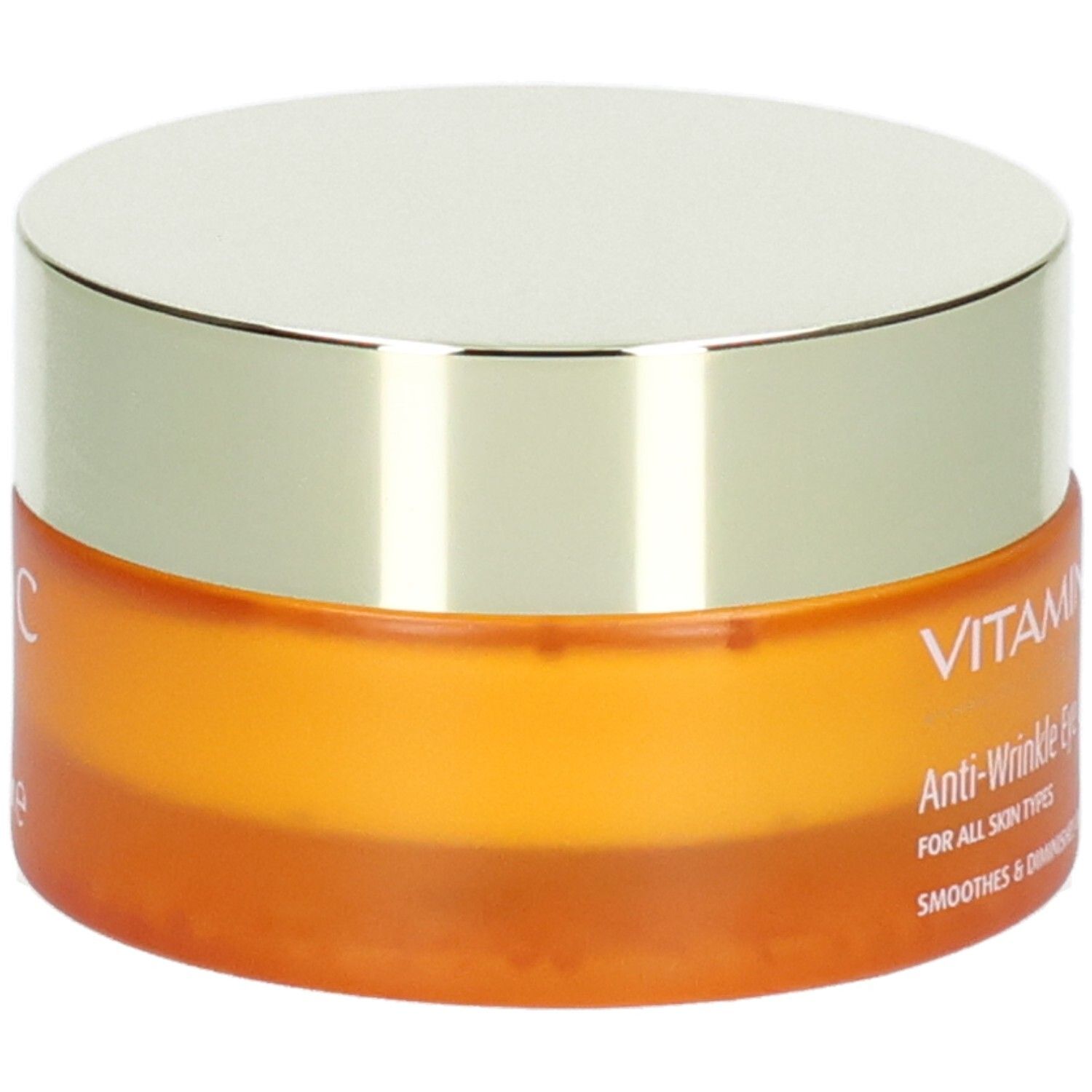 Pot orange avec couvercle argenté, inscription "VITAMIN C" et "Anti-Wrinkle Eye Cream".
