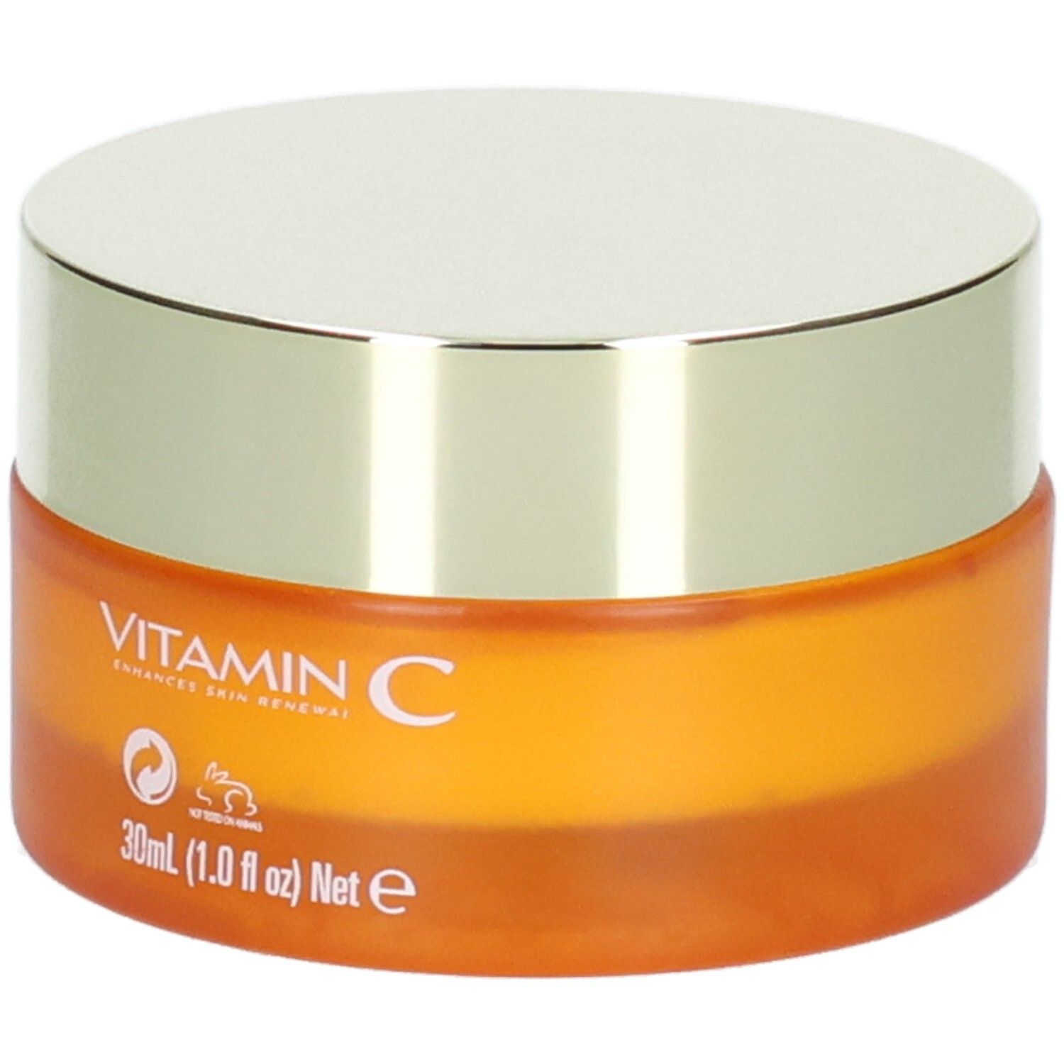 Pot orange avec couvercle argenté, inscription "VITAMIN C ENHANCES SKIN RENEWAL" et "30ml".
