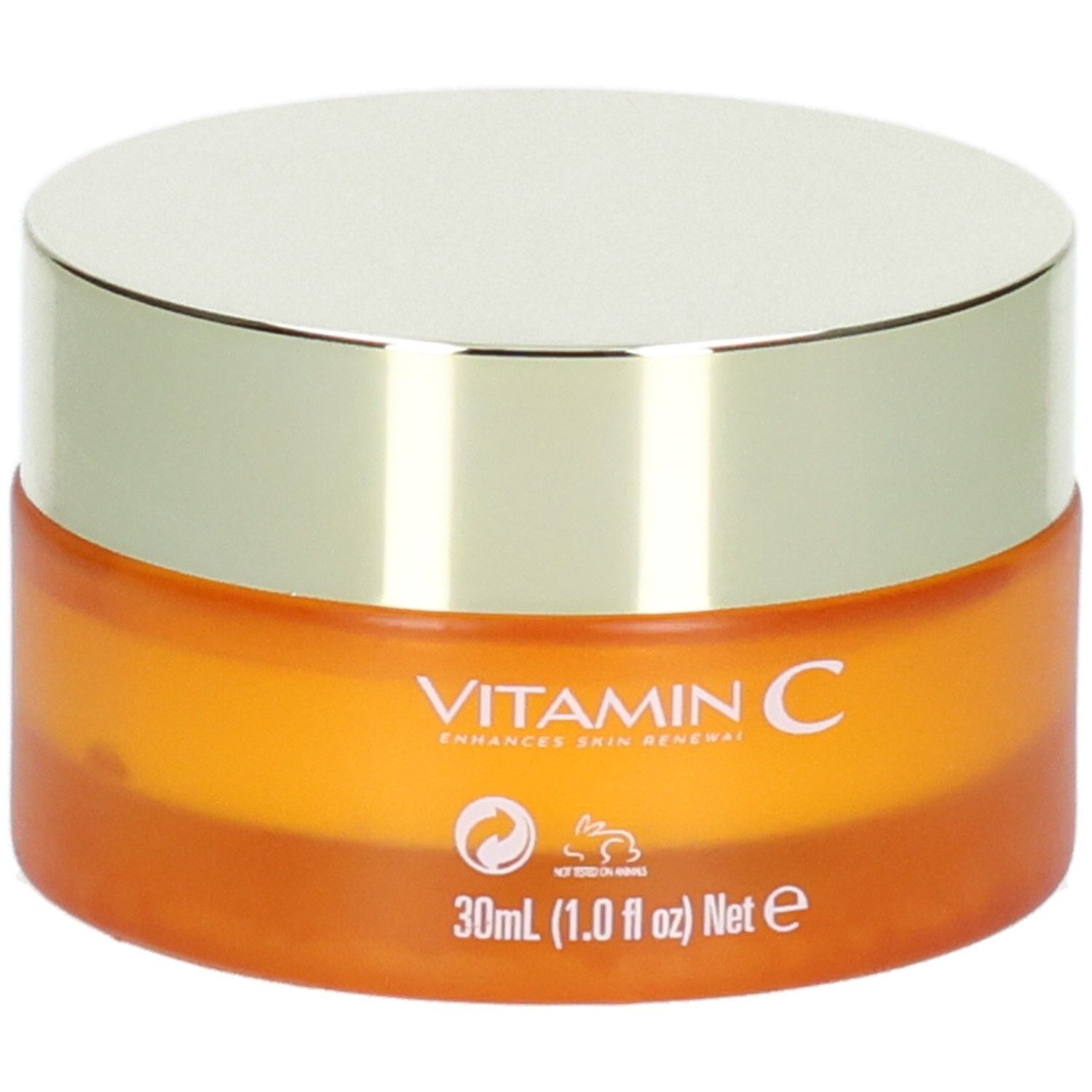 Pot orange avec couvercle argenté, inscription "VITAMIN C ENHANCES SKIN RENEWAL" et "30ml".