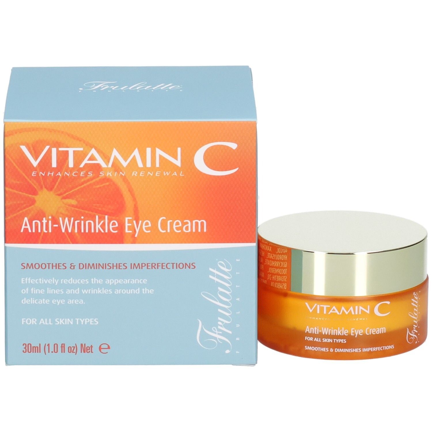 Pot orange avec couvercle argenté à côté d'une boîte bleue, "VITAMIN C Anti-Wrinkle Eye Cream" sur les deux.