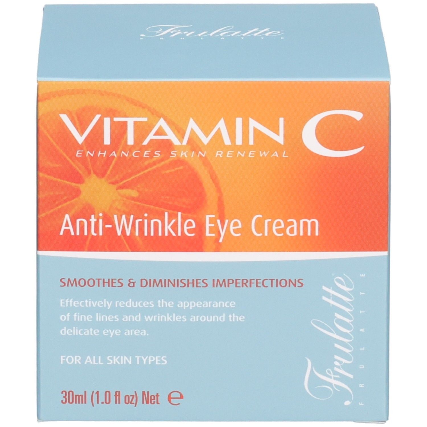 Boîte bleue avec motif orange, inscription "VITAMIN C Anti-Wrinkle Eye Cream" et "30ml".