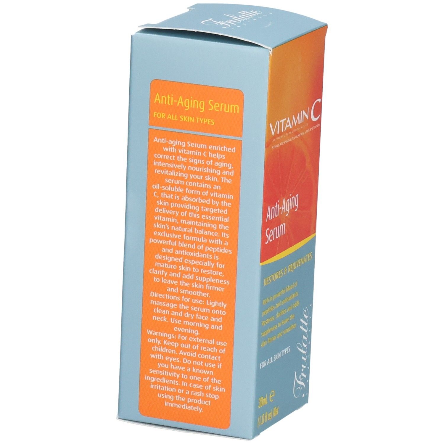Arrière de l'emballage du sérum anti-âge à la vitamine C, avec instructions d'utilisation.