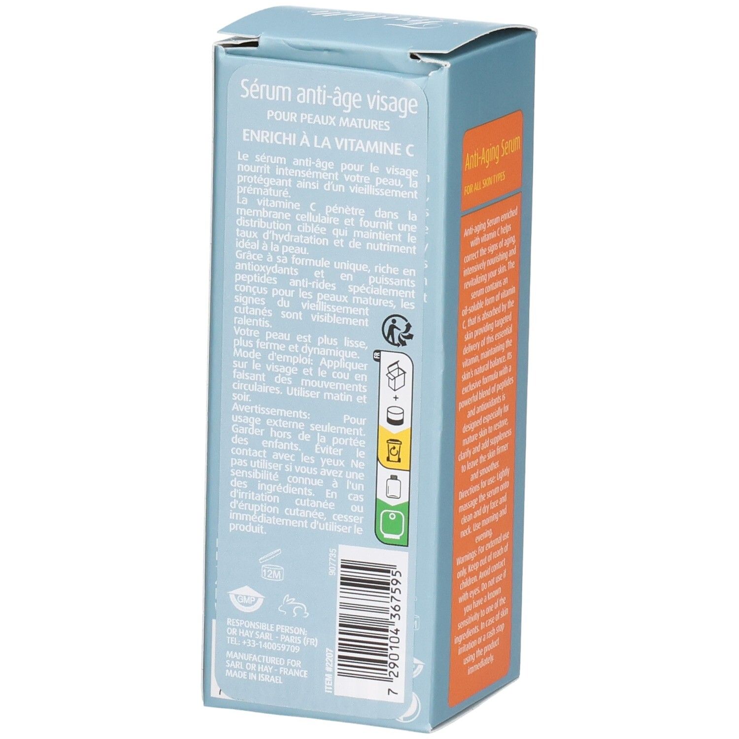 Vue latérale de l'emballage du sérum anti-âge à la vitamine C, avec ingrédients et code-barres.