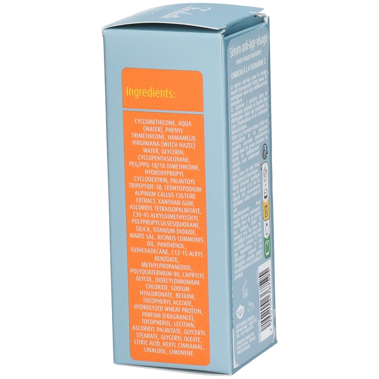 Liste des ingrédients sur l'emballage du sérum anti-âge à la vitamine C.