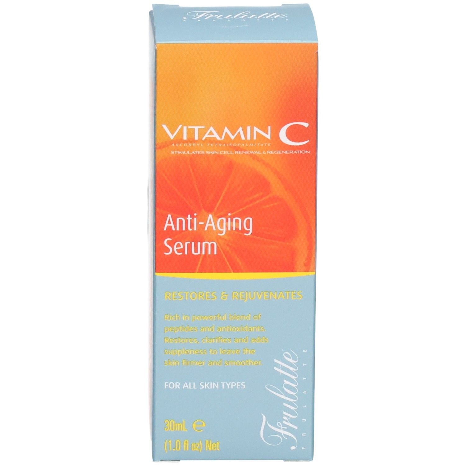 Emballage pour sérum anti-âge à la vitamine C, 30ml, avec motif orange.