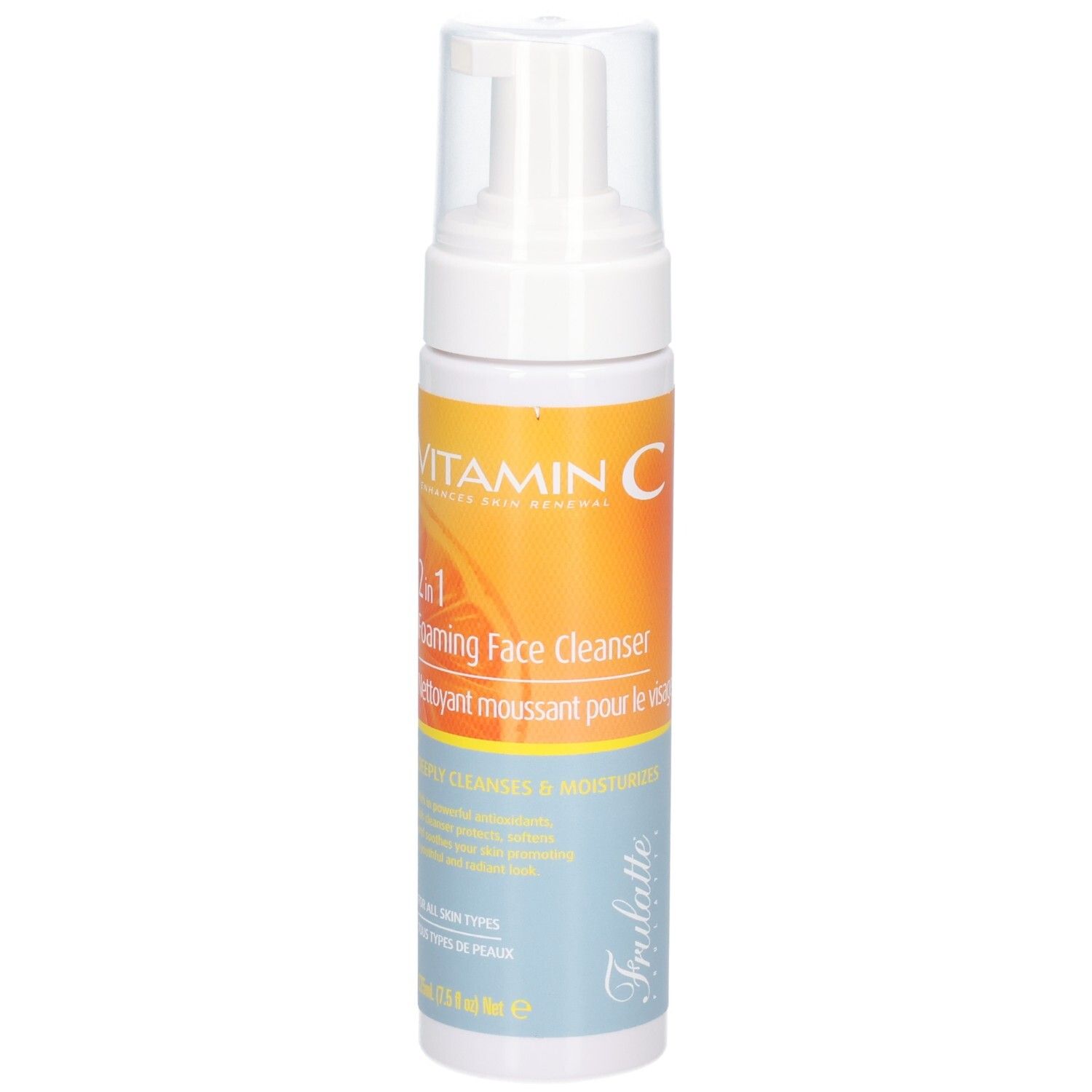 Flacon pompe, face avant avec étiquette : Vitamine C, nettoyant visage moussant 2-en-1.