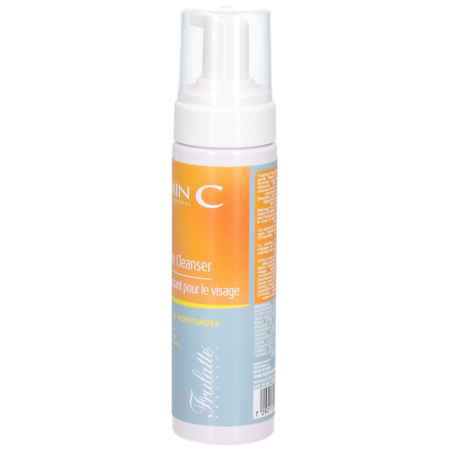 Flacon pompe, face avant avec étiquette : Vitamine C, nettoyant visage moussant 2-en-1.