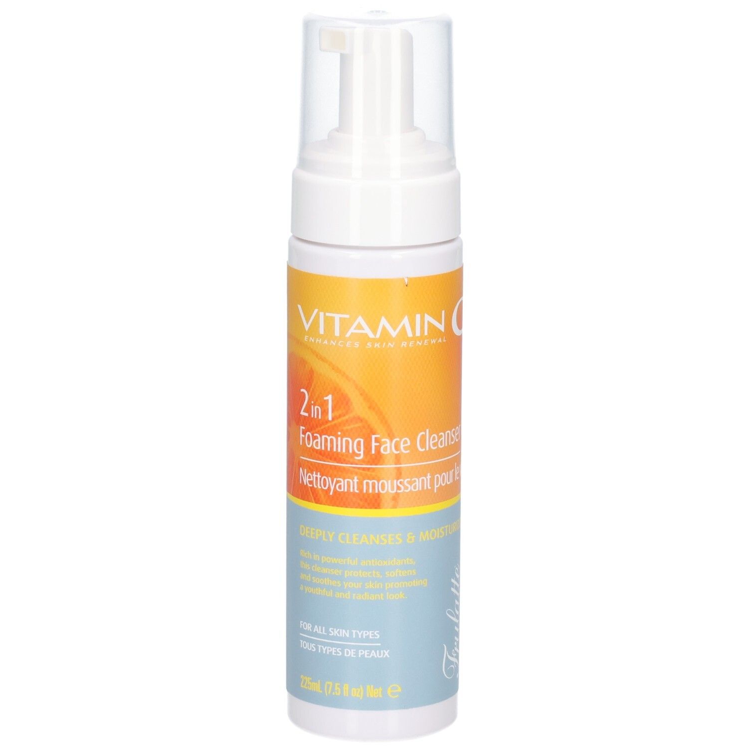 Flacon pompe, face avant avec étiquette : Vitamine C, nettoyant visage moussant 2-en-1, 125ml.