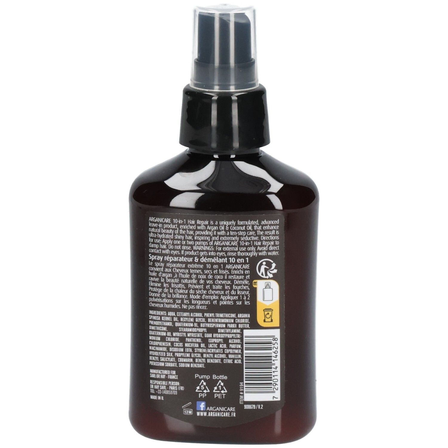 Arganicare Spray protecteur sans rinçage 10 en 1, vue arrière avec ingrédients et instructions.