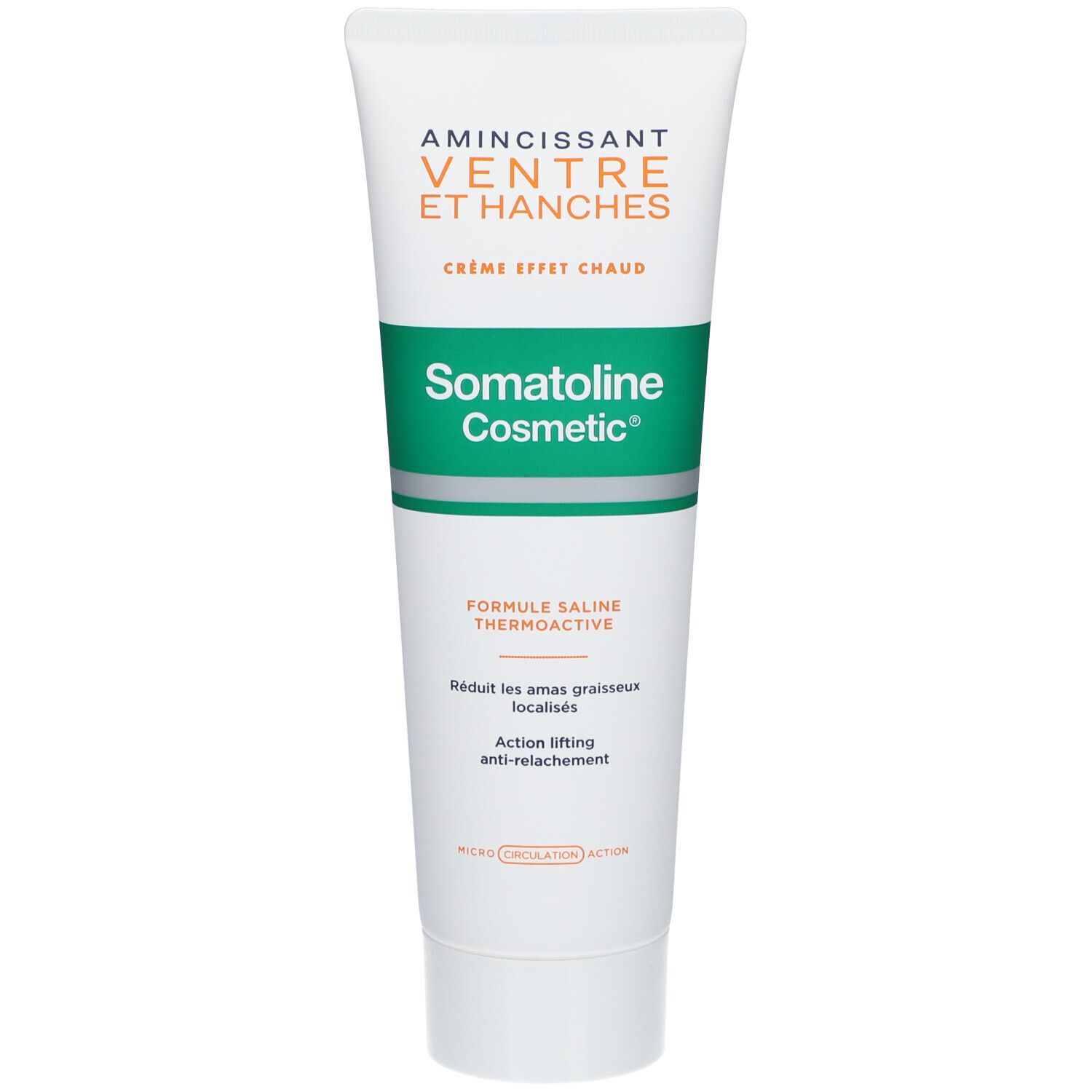 Tube de crème blanc et vert. Inscriptions : Amincissant Ventre et Hanches, Crème Effet Chaud, Somatoline Cosmetic. Formule saline thermoactive.