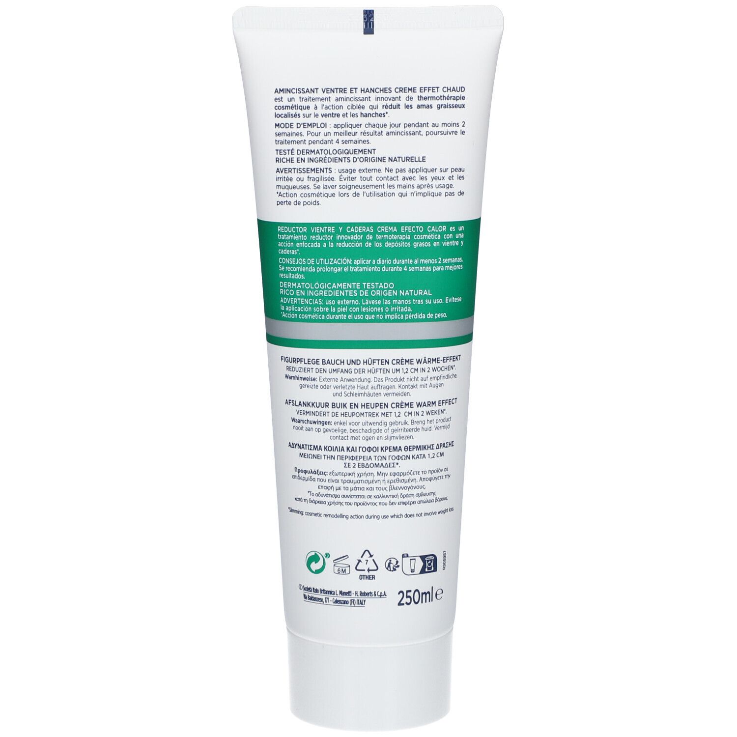 Dos du tube de crème. Texte multilingue. Nom du produit : Somatoline Cosmetic. Ingrédients et avertissements.
