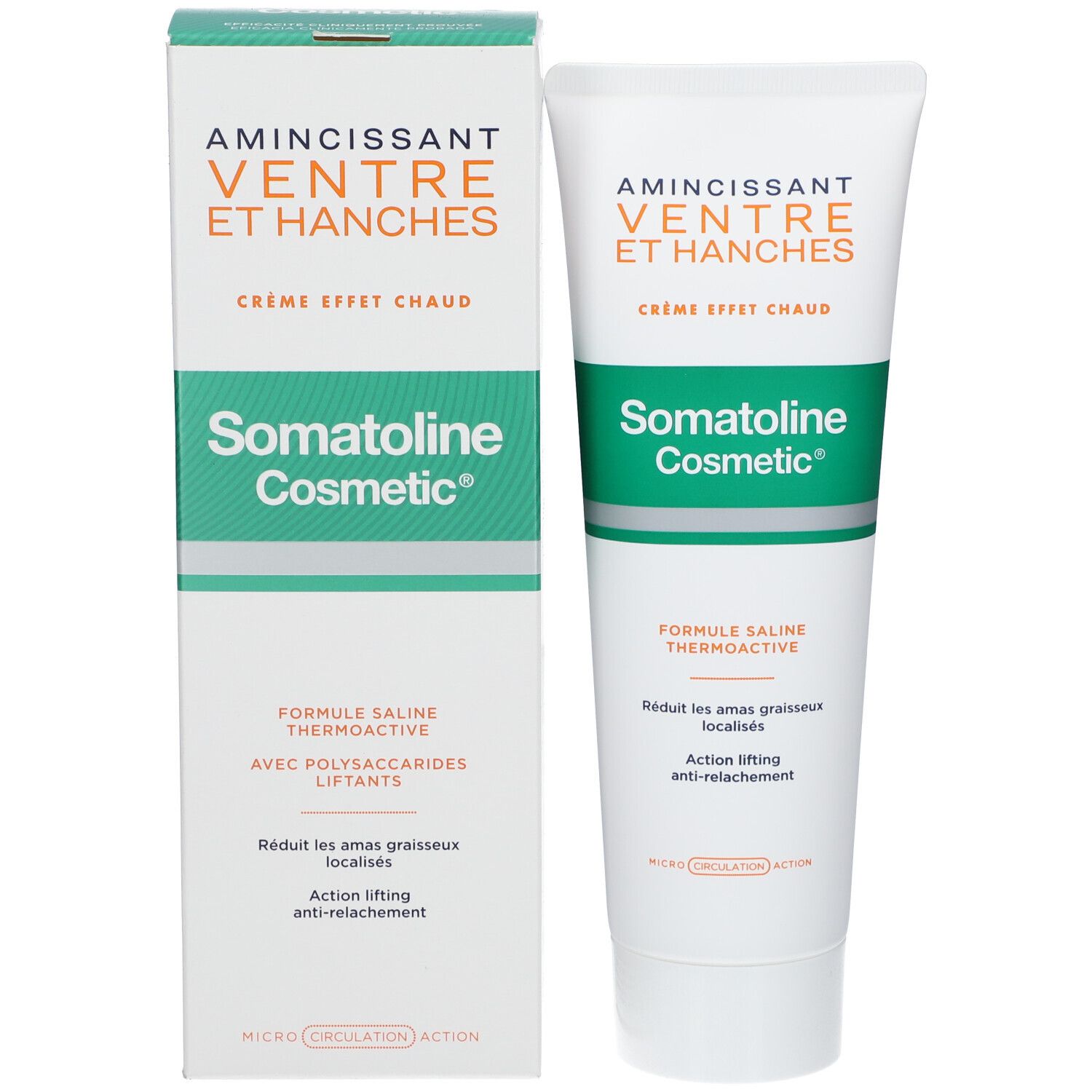 Produit et emballage côte à côte. Design vert et blanc. Texte : Amincissant Ventre et Hanches, Crème Effet Chaud, Somatoline Cosmetic.