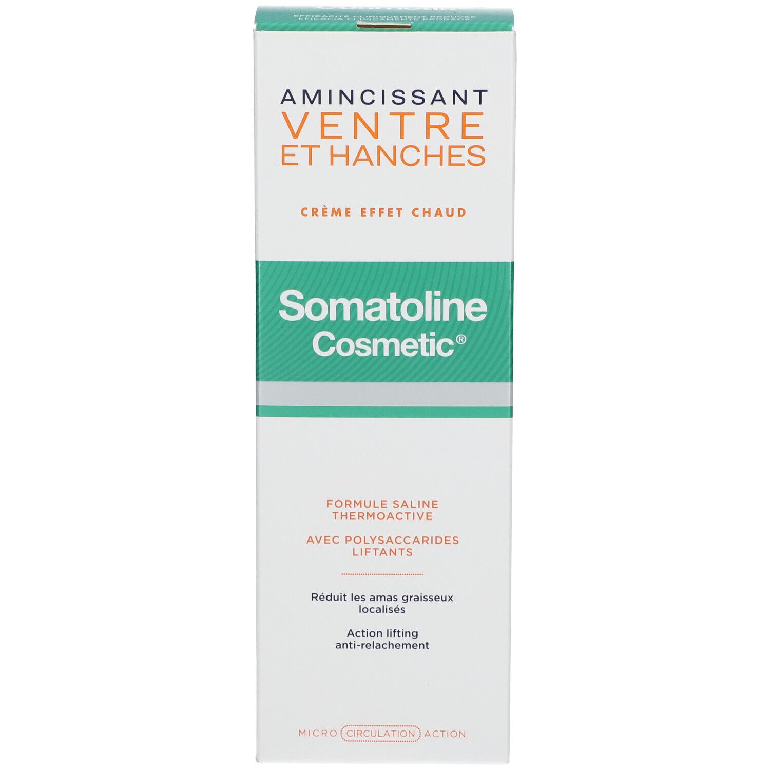 Emballage avec nom et inscription du produit. Design vert et blanc. Texte : Amincissant Ventre et Hanches, Crème Effet Chaud, Somatoline Cosmetic.