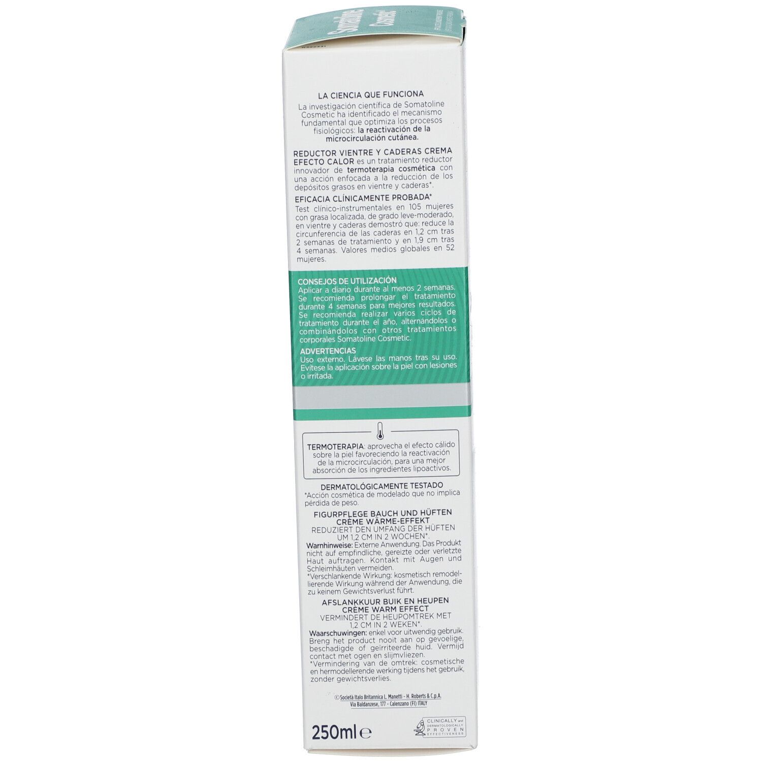 Dos de l'emballage. Texte multilingue. Nom du produit : Somatoline Cosmetic. Ingrédients et avertissements.