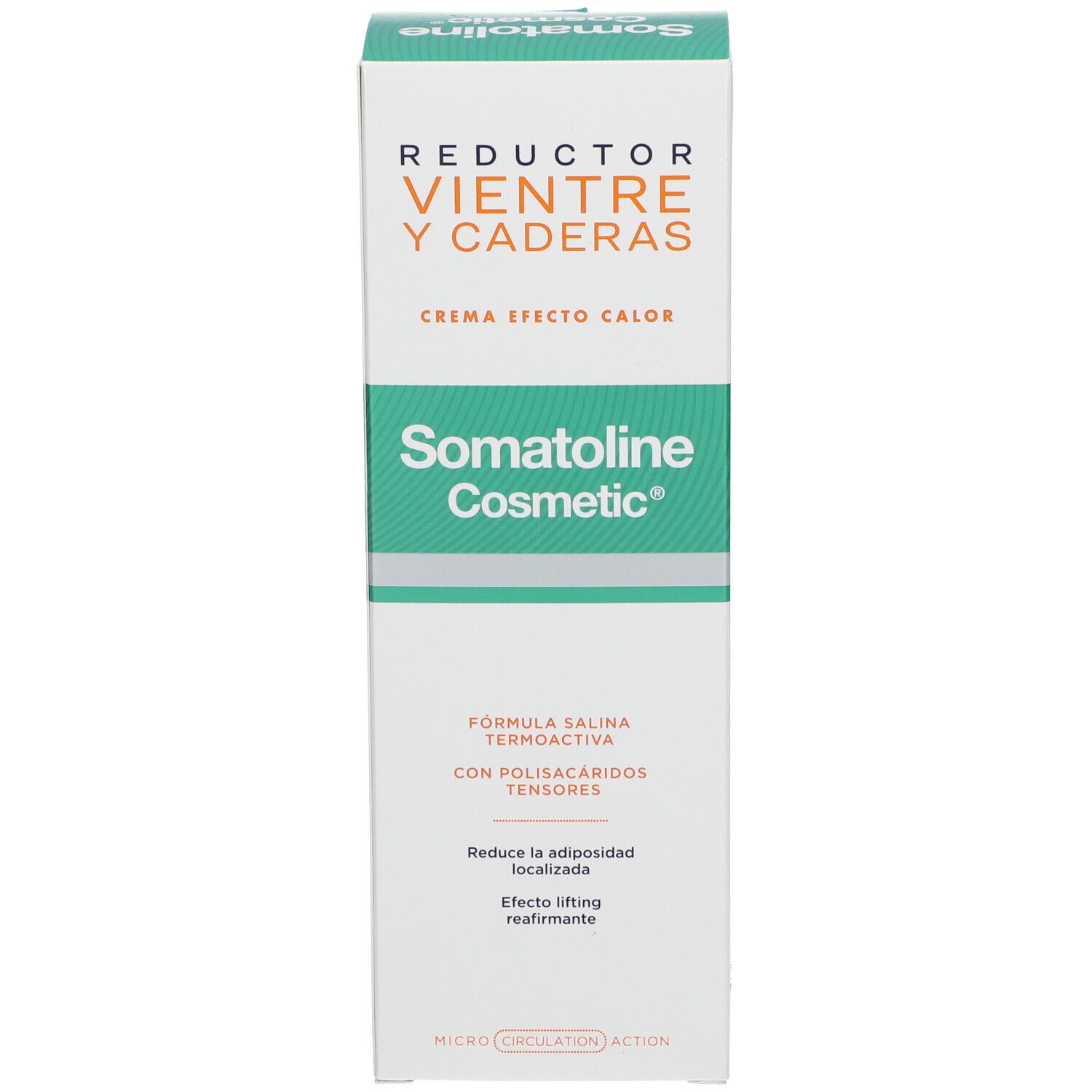 Emballage avec nom et inscription du produit. Design vert et blanc. Texte : Reductor Vientre y Caderas, Crema Efecto Calor, Somatoline Cosmetic.