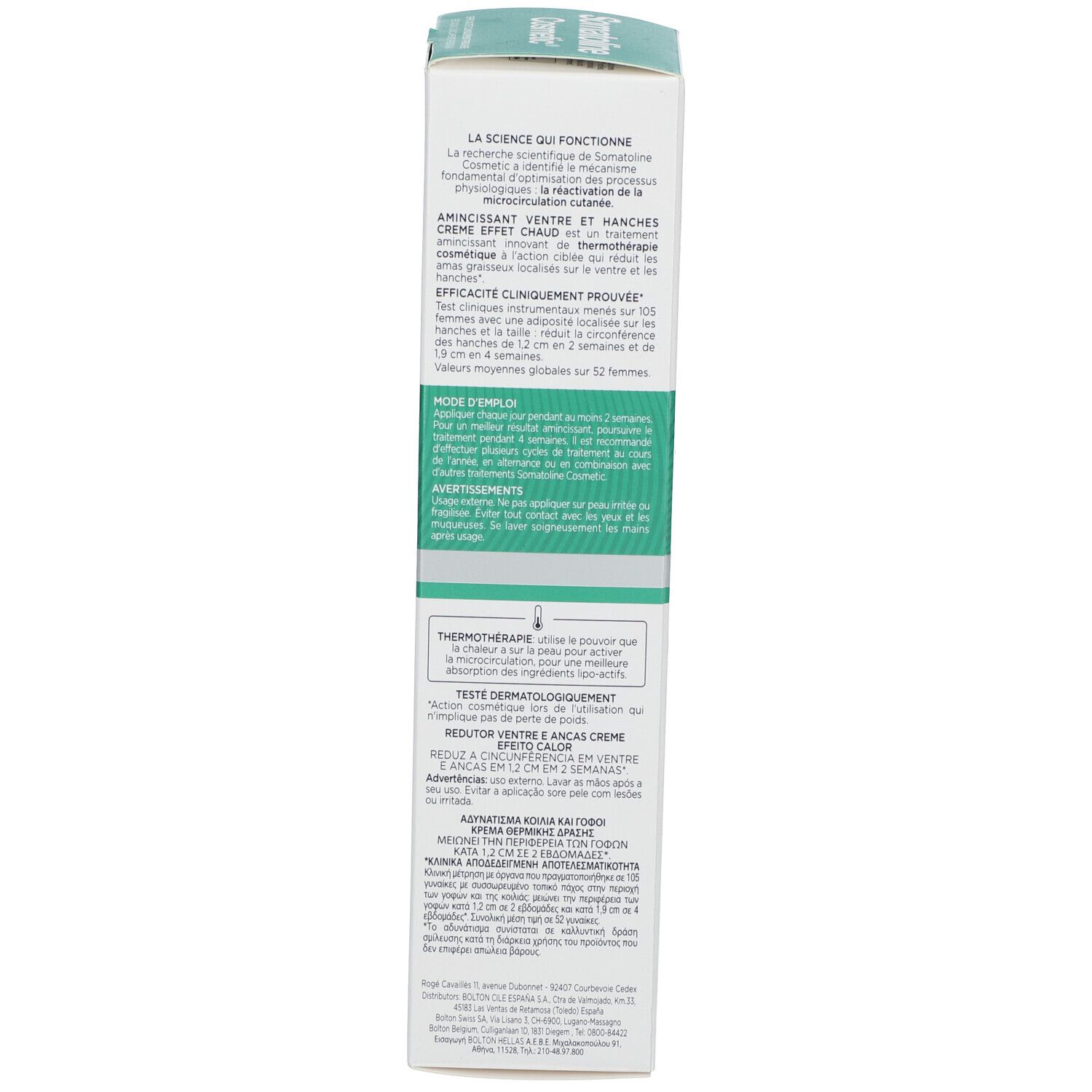 Dos de l'emballage. Texte multilingue. Nom du produit : Somatoline Cosmetic. Ingrédients et avertissements.