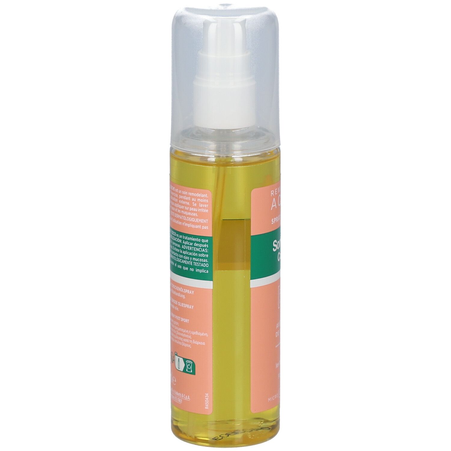 Dos du flacon spray. Étiquette avec texte et informations. Bouchon et pulvérisateur transparents.
