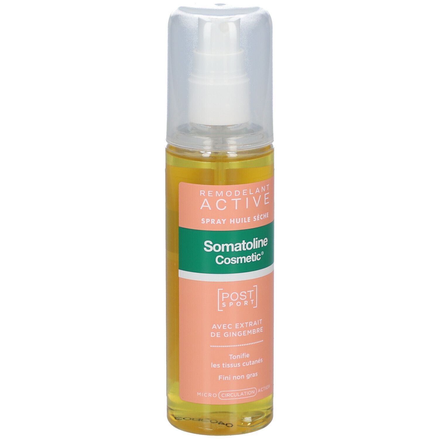 Flacon spray d'huile sèche. Bouchon et pulvérisateur transparents. Étiquette avec texte: Somatoline Cosmetic, Aktiv.