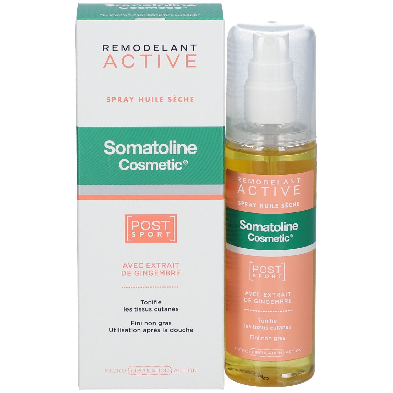 Emballage du produit et flacon spray. Emballage avec texte: Somatoline Cosmetic, Aktiv. Flacon spray d'huile jaune.