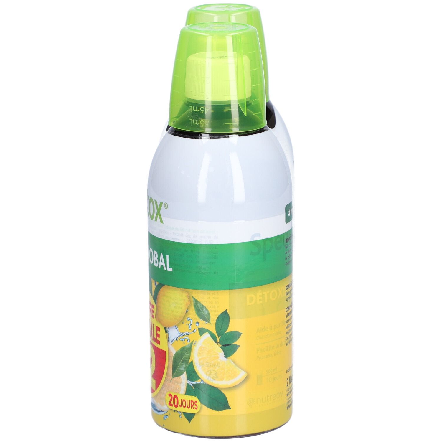 Pack de deux flacons Speed détox. Inscription: Détoxifiant Global, Gout Citron. Design jaune et vert.