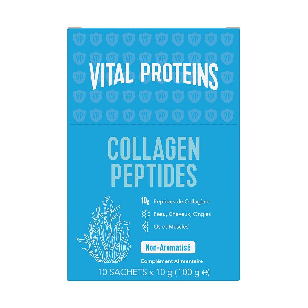 Boîte bleue "VITAL PROTEINS COLLAGEN PEPTIDES". Contient 10 sachets. Texte : "Non-Aromatisé".
