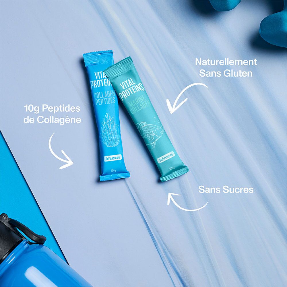 Deux sachets bleus "VITAL PROTEINS COLLAGEN PEPTIDES". Texte : "10g Peptides de Collagène", "Sans Sucres", "Sans Gluten".