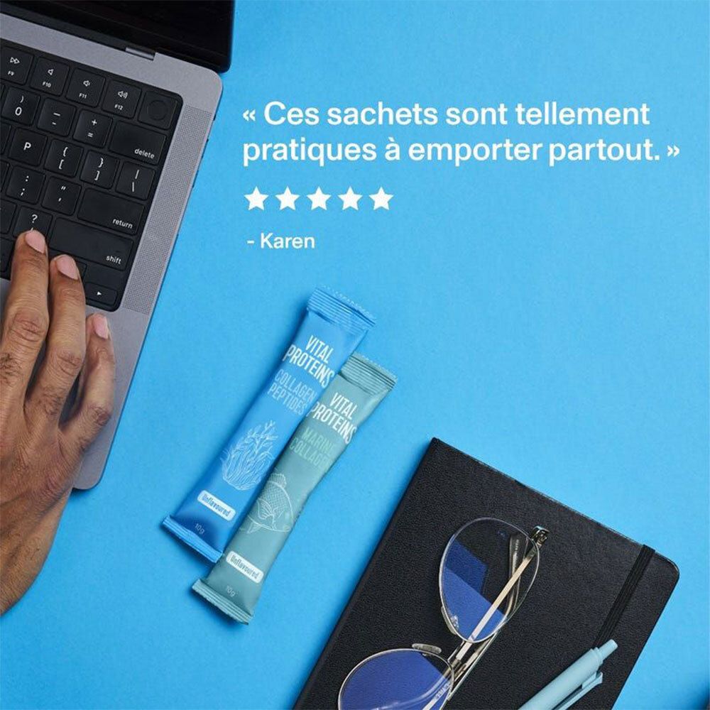 Deux sachets sur table près d'un ordinateur portable, lunettes et carnet. Texte : "Ces sachets sont tellement pratiques à emporter partout."