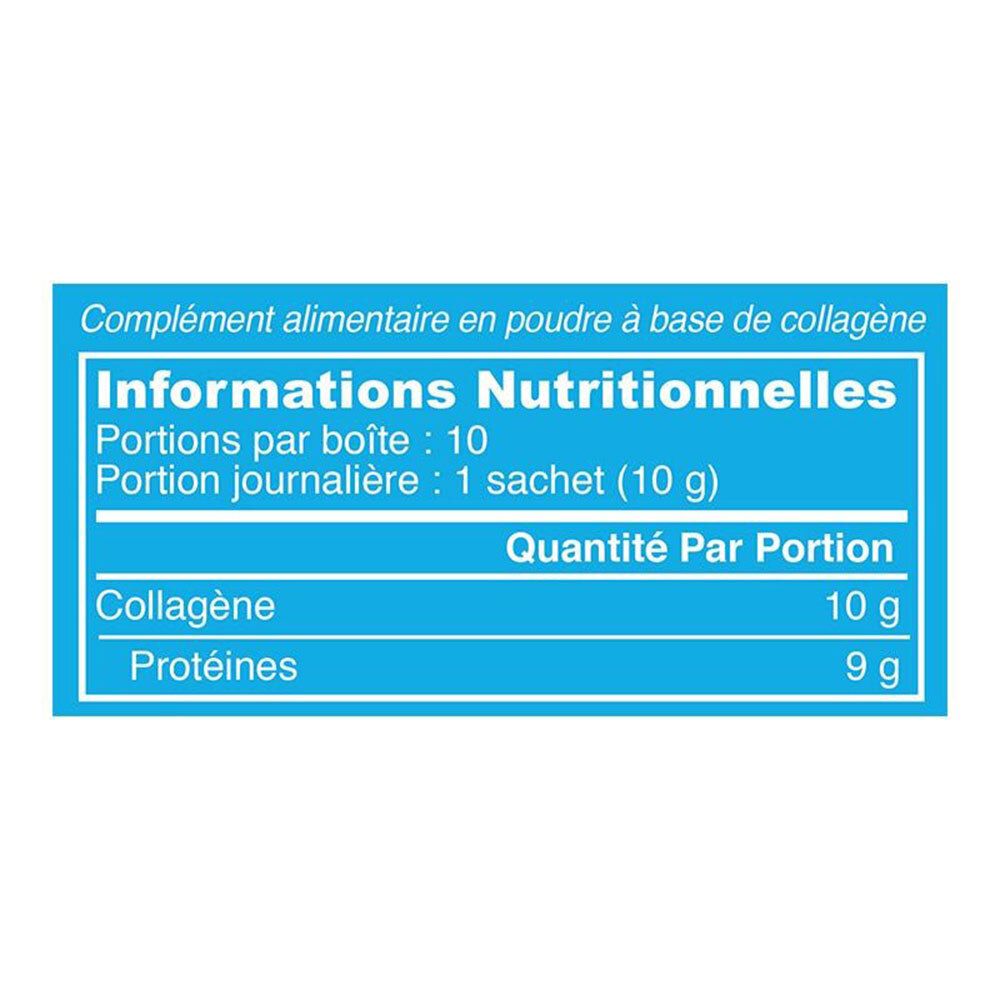 Tableau nutritionnel. Texte : "Informations Nutritionnelles". Contient collagène et protéines. 10 portions par boîte, 1 sachet (10 g).