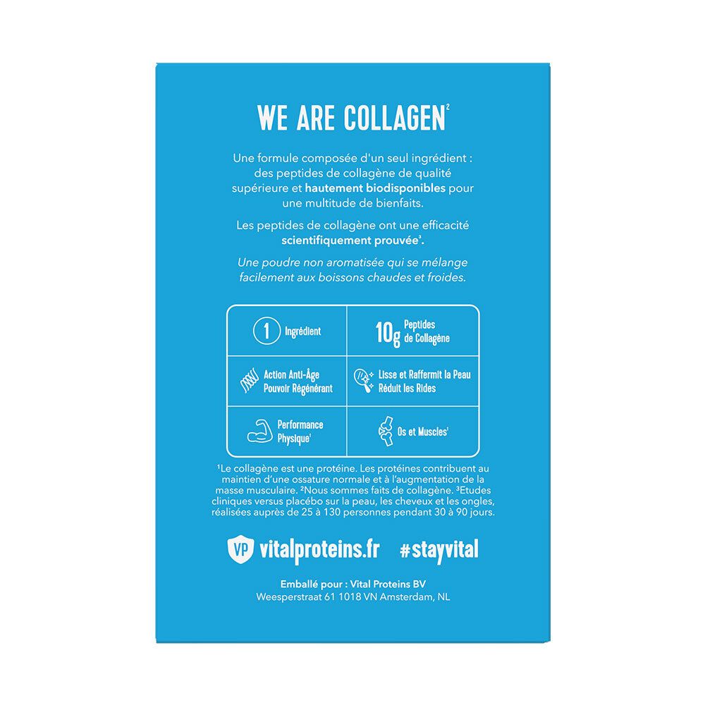 Dos de la boîte. Texte : "WE ARE COLLAGEN". Informations sur les ingrédients, les avantages et l'utilisation. Logo "#stayvital".