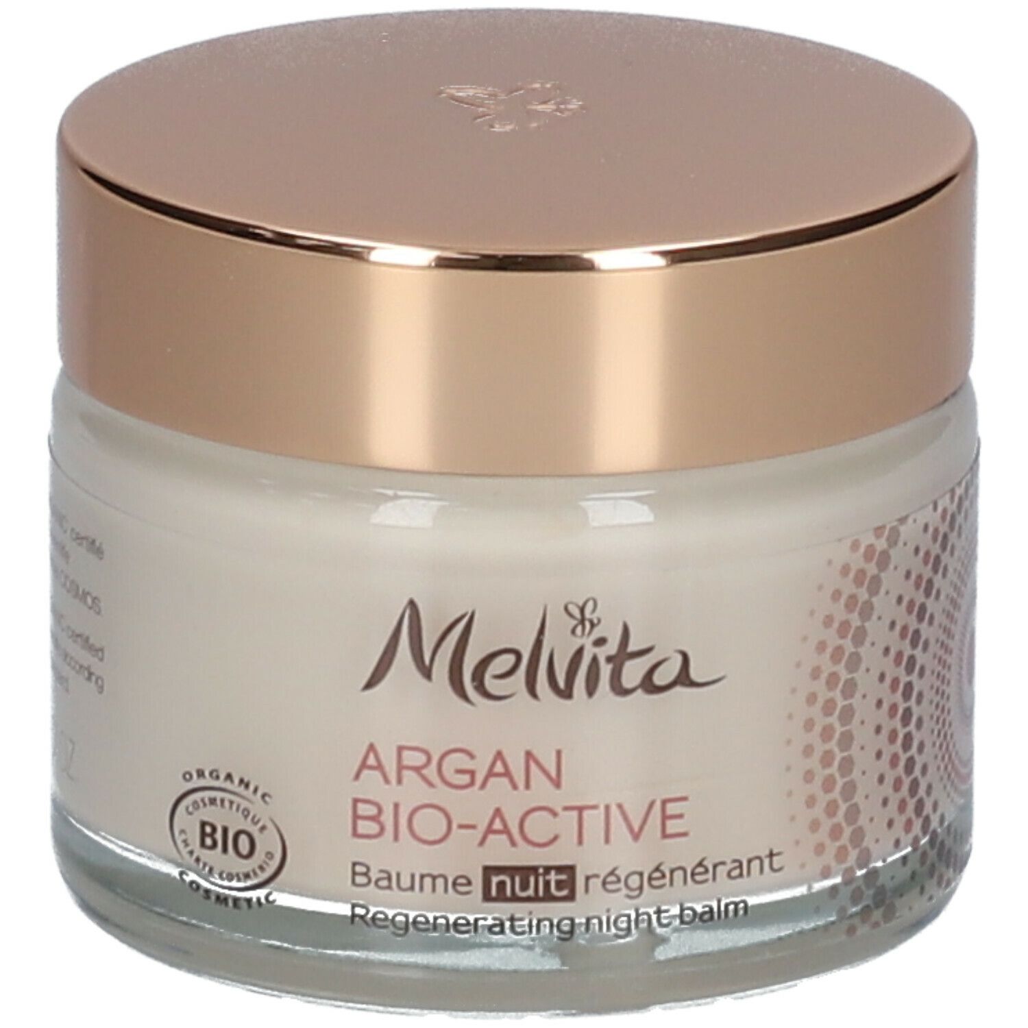 Pot de crème avec couvercle doré. Inscription : Melvita Argan Bio-Active Baume nuit régénérant. Certification bio.