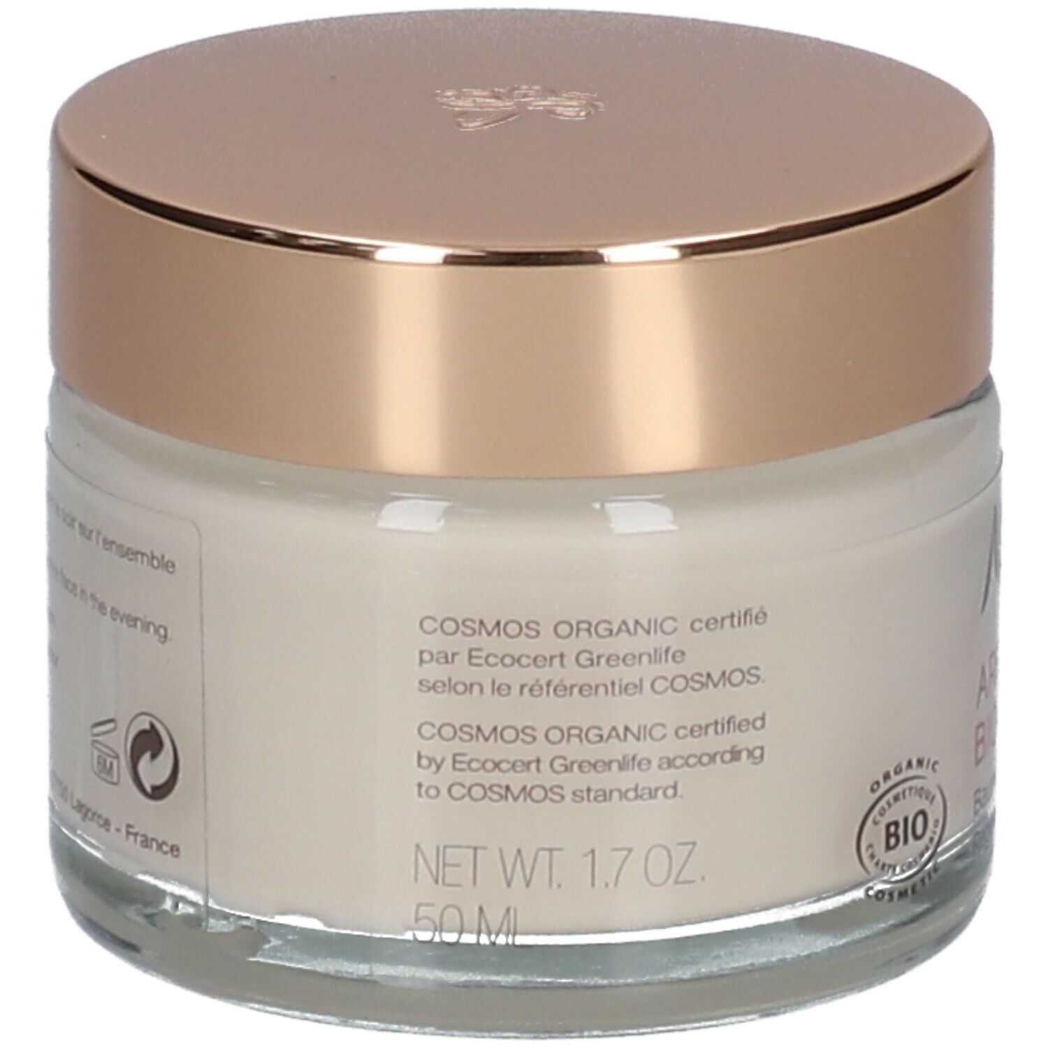 Dos du pot de crème. Texte : COSMOS ORGANIC certifié. 50 ml, 1.7 OZ. Certification bio.
