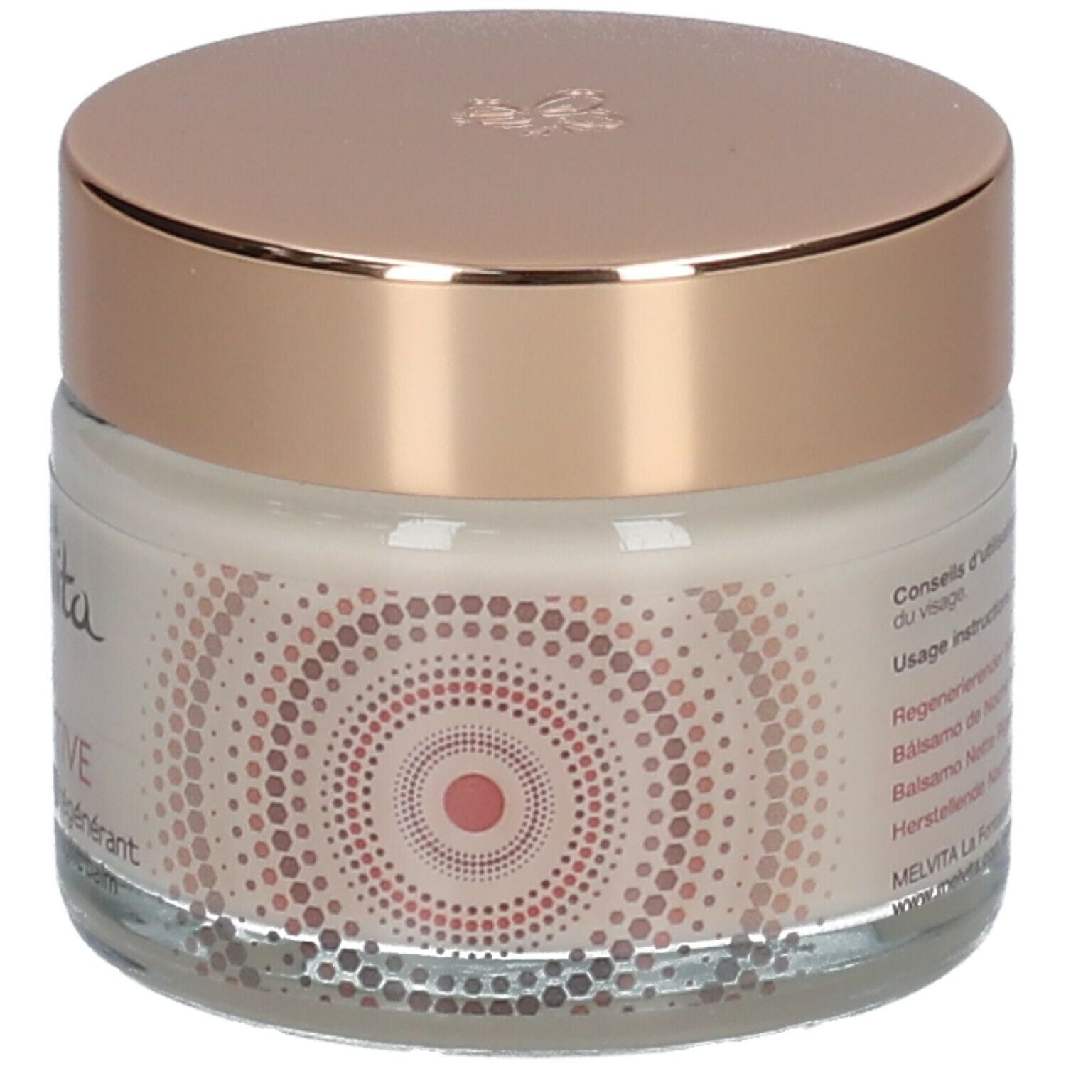 Pot de crème avec couvercle doré. Motif de cercles sur le côté. Texte : Melvita Argan Bio-Active.